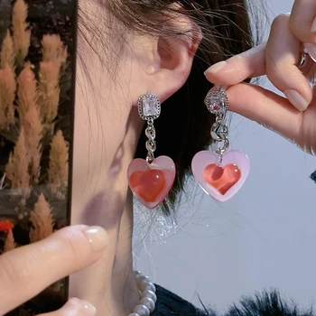 KISSWIFE 2022 Moda INS Tarzı Pembe Kalp Küpe Kadınlar Kızlar İçin Gümüş Renk Kare Kristal Aşk Zinciri Dangle Küpe Takı