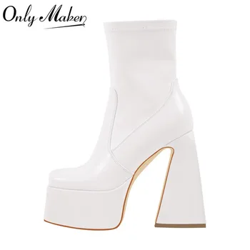 Onlymaker Kadın Platformu Kare Ayak Beyaz Tıknaz yarım çizmeler Kalın Yüksek Topuklu Zip Moda Patik