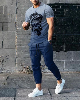 Yeni Varış erkek Pantolon Eşofman Yaz 2 Parça Set 3D Baskı Trendi Lüks Kısa Kollu T Gömlek + Uzun Pantolon Sokak moda elbise