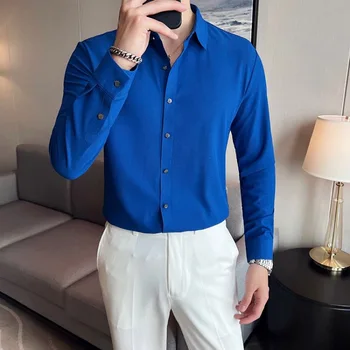 Erkek İş Gömlek Anti-kırışıklık Uzun Kollu Slim Fit Gömlek Waffle Gençlik erkek elbiseleri Düğün Bluz Camisa Erkek Giyim 4XL