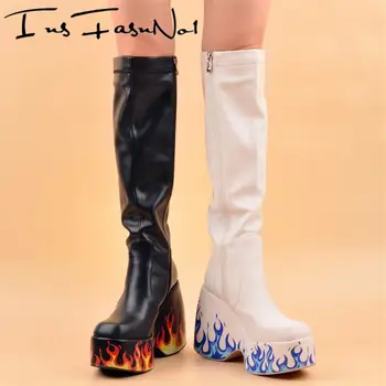 Platform Alev Diz Çizmeler Takozlar Yüksek Topuk Yangın Baskı Uzun Botas Mujer Fermuar Tıknaz Alt Modern Sürme Ayakkabı Bayan parti ayakkabıları