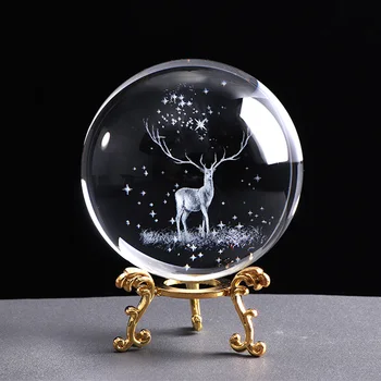 80mm Minyatür Wapiti cam küre 3D Lazer Kazınmış Kristal Dekorasyon Kristal Küre Ev Dekor Süsleme doğum günü hediyesi Küre