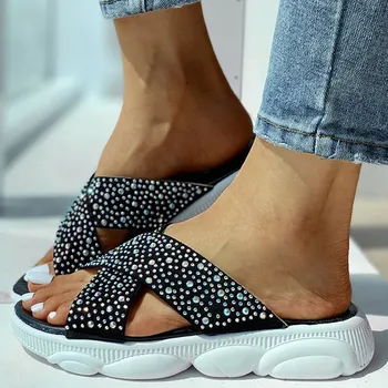 Kadın Terlik Yaz Bling Kristal Bayanlar Sandalet Üzerinde Kayma ışık Platformu Kama ayakkabı kadın Moda Rahat Kadın Plaj 2022 Yeni
