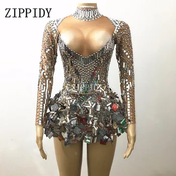 Shining Gümüş Aynalar Taş Elbise Kadın Şarkıcı Dansçı Parlak Bodysuit Kostüm Tek parça Gece Kulübü Elbise Oufit Parti Elbiseler