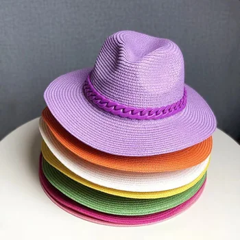 Macaron hasır Şapka Siperliği Caz Üst Kore Moda Renk Zinciri silindir şapka İle Akrilik plaj şapkası Şeker Renk vizör kapağı гльпаченская