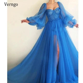 Verngo Zarif Bir Çizgi Mavi Tül Uzun balo kıyafetleri Puf Kollu Sevgiliye Aplike Yan Yarık Lace Up Abiye giyim Custom Made
