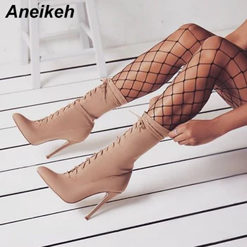 Aneikeh Yeni Çizmeler Kadın 2023 Sonbahar Moda Ayak Bileği Sivri Burun Ayakkabı Streç Çapraz Bağlı Dantel-Up Stiletto Yüksek Topuk Botas Mujer 42