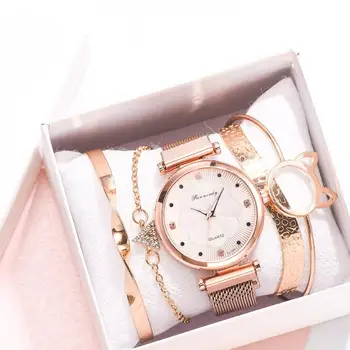 Mod 5 Adet Set Vrouwen Horloges Lüks Magneet Gesp Bloem Taklidi Horloge Dames Kuvars Horloge Kol Bandı Seti Reloj Mujer