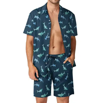 Suluboya Köpekbalığı Erkekler Setleri Denizcilik Yüzme Köpekbalıkları Rahat Şort Beachwear gömlek seti Yaz Moda Takım Elbise Kısa Kollu Artı Boyutu