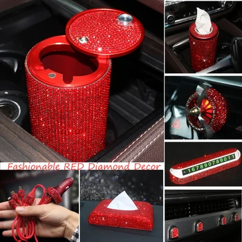 Kırmızı Bling Araba Aksesuarları Kadınlar için İç Sevimli Seti Kızlar USB şarj aleti Doku kutu tutucu Küllük Elmas Otomotiv Parçası Dekor