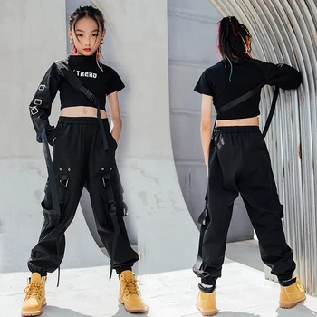 Çocuk Hip-Hop Sokak Dans Giyim Kız Caz Dans Kostümleri Siyah Hiphop Takım Podyum Sahne Kıyafetler Hip Hop Giyim DN9001