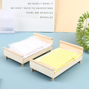 1:12 Evcilik Minyatür Mobilya Yatak Odası Mikro Sahne Modeli Ahşap Kumaş Çift Kişilik Yatak Modeli Bebek seramik karo