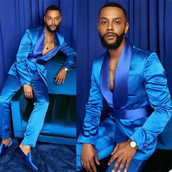 2 Parça Erkek Takım Elbise İpek Saten Düğün Smokin Yaz Parti Giyim Fit Moda Mavi İş En İyi Adam Doruğa Yaka Blazer Takım Elbise