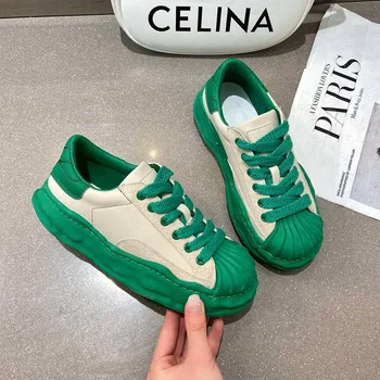 Kabuk Kafa Yeşil Renk engelleme Sneakers kadın 2022 İlkbahar ve Sonbahar Yeni Kalın tabanlı Dantel-up Baba gündelik spor ayakkabı
