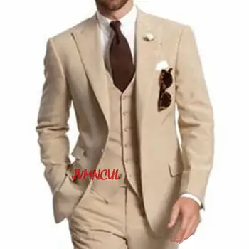 Bej Üç Parçalı İş Parti En İyi Erkek Takım Elbise Doruğa Yaka İki Düğme Custom Made Düğün Damat Smokin 2022 Ceket Pantolon Yelek