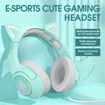 ONIKUMA K9 Kulaklıklar Sevimli Kedi Kulaklar Kablolu Kulaklıklar Mikrofon 7.1 Surround RGB atmosfer ışığı PC Gamer için