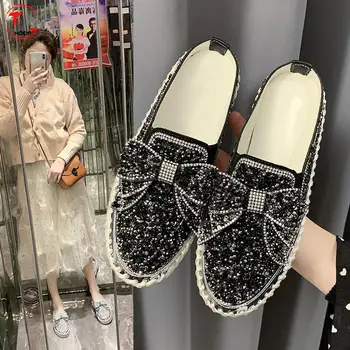 2022 Pullu Elmas Bayanlar düz ayakkabı Güzellik Ayakkabı Taklidi Bayanlar Rahat deri ayakkabı Yuvarlak Ayak Slip-on platform ayakkabılar