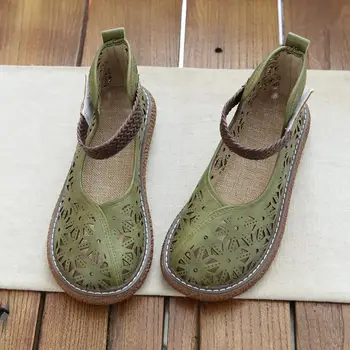 Zarif Yeşil Bale Daireler Ayak Bileği Kayışı kadın Cut Out Loafer'lar Kız Yaz Nefes Mary Jane Ayakkabı Kadın Geniş Ayak Mokasen
