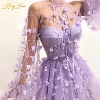 Çiçek balo kıyafetleri Lavanta Yüksek Boyun Illusion Kollu gece elbisesi Narin Nakış Parti Elbise Robe De Soirée 2020