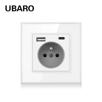 UBARO Fransa Standart Ev Çıkışı USB C Tipi elektrik fişi Beyaz Temperli Cam Panel Tek Duvar Soket 110-250V 16A