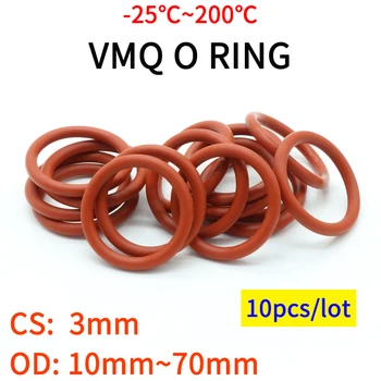 10 adet Kırmızı VMQ Silikon O Ring CS 3mm OD 10 ~ 70mm Gıda Sınıfı Su Geçirmez Yıkayıcı Kauçuk Yalıtımlı Yuvarlak Şekil Conta Contası