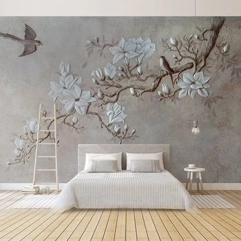 Özel Herhangi Bir Boyut Fotoğraf Duvar Kağıdı Modern Pastoral 3D Kabartmalı Çiçekler Kuşlar Duvar duvar kağıdı Oturma Odası Yatak Odası Papel De Parede