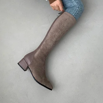Akın Dikiş Mikrofiber Kalın Topuk kadın Diz Boyu Çizmeler Kare Ayak Peluş Astar Kış Sıcak Çizmeler Çorap Ve ayakkabı 2021