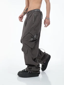 HOUZHOU Amerikan Sokak Tulum Kargo Pantolon Erkek Geniş Bacak Pantolon Kargo Paraşüt Gevşek Rahat Tasarım Düz Erkek Giyim