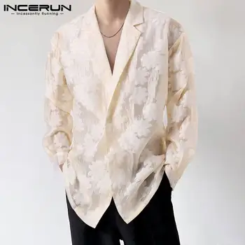 Erkek Gömlek Mesh See Through Uzun Kollu Streetwear Çiçek Jakarlı Erkek Giyim 2022 Düğme Moda Rahat Camisas INCERUN S-5XL