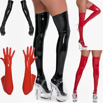 Kadın PU Deri Wetlook Parlak Yüksek Çorap Eldivenler Uzun Deri Eldiven Disko Parti Dans Clubwear Cosplay Kostümleri Kırmızı Siyah