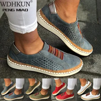 WDHKUN Kadınlar Sneakers üzerinde Kayma Sığ Loafer'lar vulkanize ayakkabı Nefes Hollow Out Kadın rahat ayakkabılar Bayanlar Deri Daireler