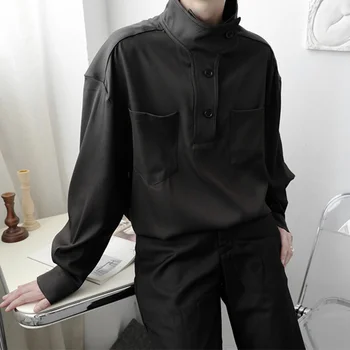 Yeni 2022 Koreli erkek Uzun Kollu Kalınlaşmış Gömlek Sonbahar Gevşek İş Giysisi Kazak Rahat Japonya Tarzı Üstleri Siyah Beyaz 2Y2285