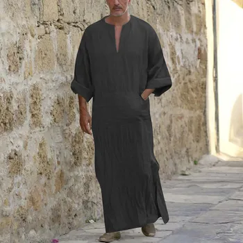 Erkek Keten pamuk Elbise nefes v boyun Kaftan Müslüman Suudi Arapça Uzun Elbise Rahat Gömlek Plaj, Yaz Erkek Giysileri