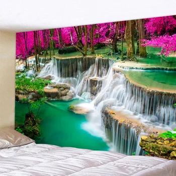 Toptan 3D Plaj Havlusu Şelale Manzara Güzel Orman Akışı Baskı duvar halısı Yoga Mat Ev Dekor Goblen