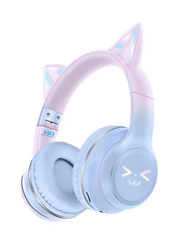 Asimptotik kedi kulaklar çocuk kulaklık kablosuz bluetooth kulaklık mikrofon aydınlık FM SD TF kart oyun ışık kulaklık