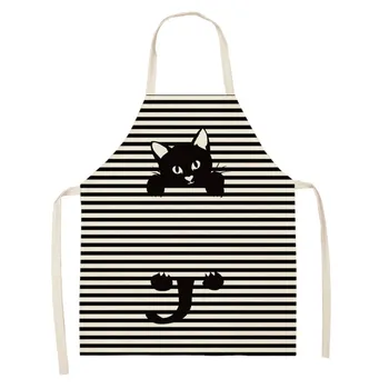 Çocuk Önlükleri Mutfak Önlükleri Sevimli Kedi Desen Kadın Yetişkin Çocuklar Siyah Beyaz Karikatür Kedi Pamuk Keten Önlükler Ev Pişirme BARBEKÜ Önlük