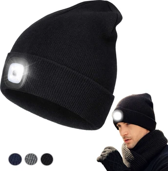 LED bere şapka ışık ile Unisex USB şarj edilebilir lamba şapka eller serbest far kap kış örme gece lambası şapka el feneri