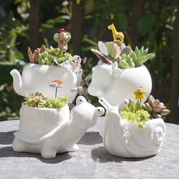 Kawaii Küçük Hayvan Seramik Saksı Beyaz Porselen Etli Bitkiler Saksı Ev Dekor Bahçe Vazo Masaüstü Mini Süsler