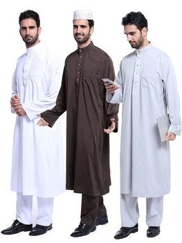 Dubai Arap İslam Müslüman Erkekler Jubba Thobe giyim setleri Uzun Elbise 2 Parça Set üstler ve pantolonlar Suudi Musulman Toplulukları Giyim Setleri