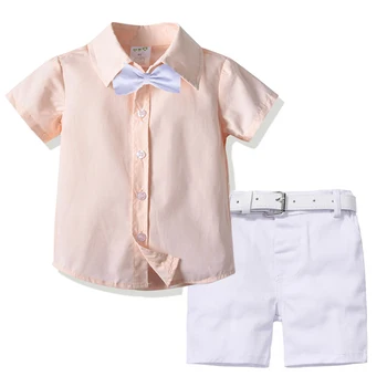 Yaz 1-6 Yıl Erkek Setleri Pembe Gömlek + Beyaz Şort + Beyaz Kemer Çocuk Katı Kıyafetler Moda Çocuk Giysileri Takım Elbise