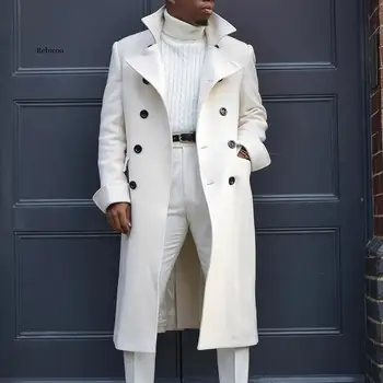 Adam Beyaz Uzun Ceketler Sonbahar Yün Karışımları Uzun Kollu Trençkot Moda Erkek Giyim Rahat Kış Giyim