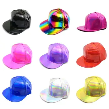 Holografik suni deri beyzbol şapkası düz kenarlı metalik gökkuşağı doruğa şapka
