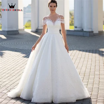 Kısa Kollu Romantik düğün elbisesi Pullu Tül Dantel Aplikler Boncuk robe de mariée vestido de novia 2023 boda elegante DS120