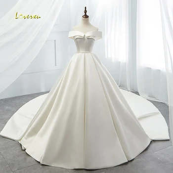 Loverxu Vestido De Noiva Seksi Tekne Boyun Vintage düğün elbisesi 2022 Şapel Tren Basit Mat Saten Bir Çizgi Zarif gelinlikler