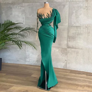 Yeşil Mermaid Köpüklü Boncuk Abiye Seksi Yan Yarık Uzun Kollu O Boyun Parti Törenlerinde Kadınlar için 2022 elbiseler de soirée