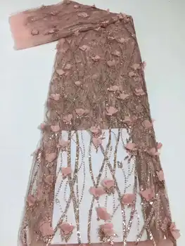 Güzel Afrika dantel İle 3D çiçekler Yapıştırılmış Glitter Fransız tül örgü kumaş için Parti elbiseler / düğün elbisesi Elbisesi elbise Pembe