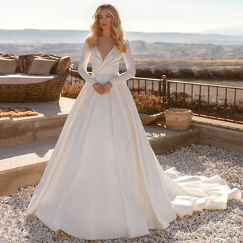 Zarif Bir Çizgi düğün elbisesi vestido de noiva V Boyun Pilili Uzun Kollu Düğmeler Saten Sweep Tren gelin kıyafeti Robe de mariée