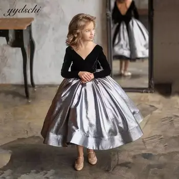 Çiçek Kız Düğün İçin Kadife doğum günü partisi elbiseleri Küçük Kızlar İlk Communion Elbise Uzun Kollu V Yaka Kabarık Elbiseler