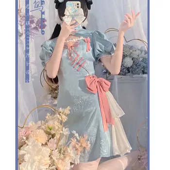 Yaz Kawaii Mavi Hollow Pembe Büyük Yay Puf Kollu Lolita Cheongsam çin elbisesi Geliştirilmiş Sevimli Kız Parti Elbiseler