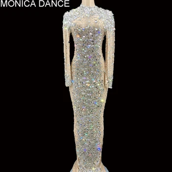 Kadınlar Lüks Rhinestones Kristaller Örgü uzun elbise Doğum Günü Düğün Kutlamak Akşam Balo Parti Elbise Şarkıcı Performans Giyim